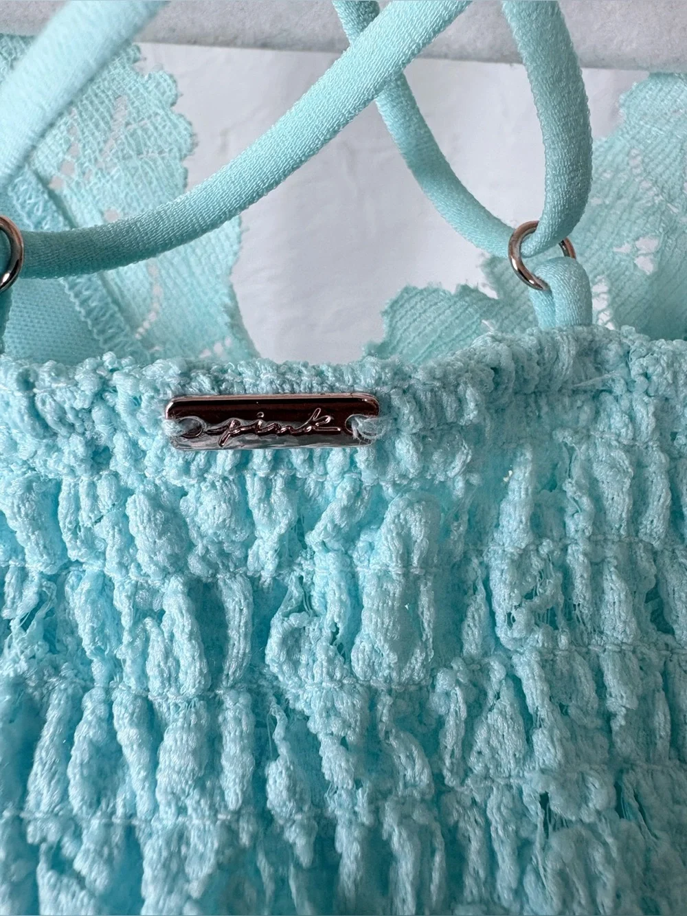 PINK Victoria’s Secret Aqua Blue Lace Strappy Longline Bralette S